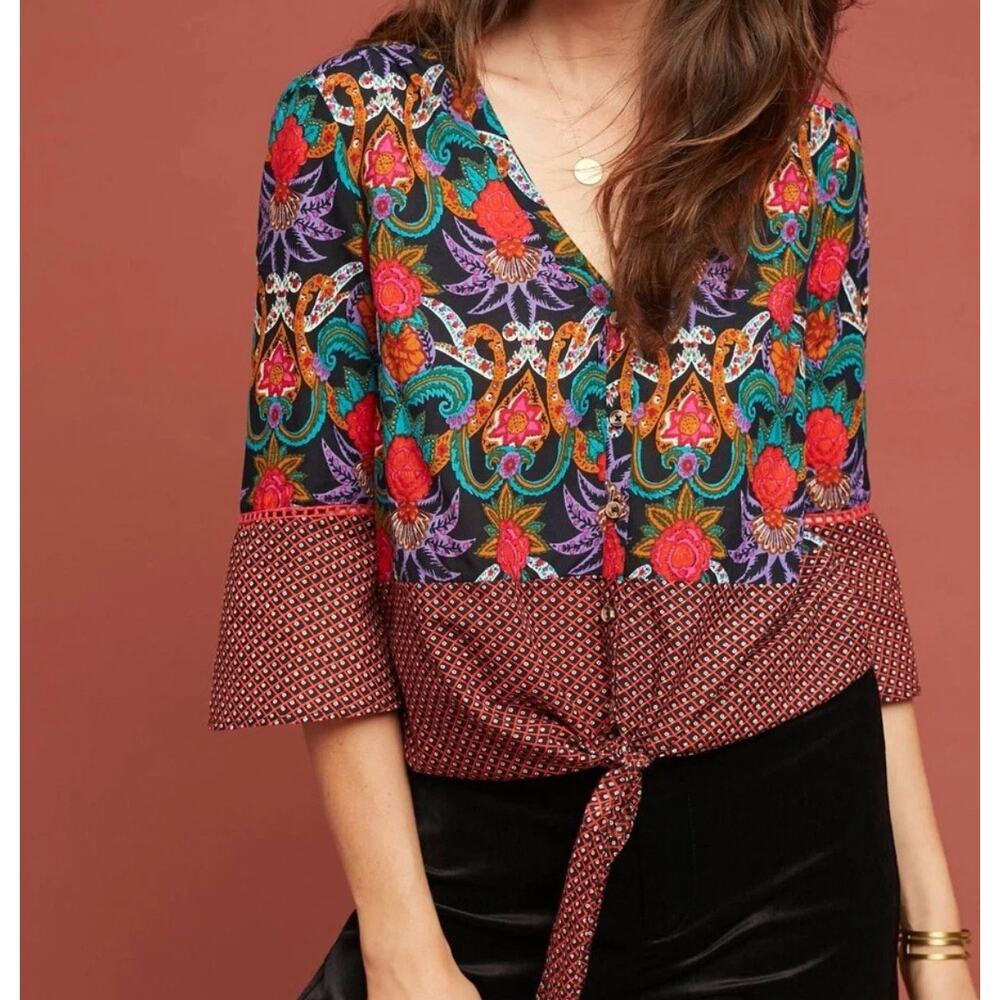 Maeve by Anthropologie Carter Floral Tie Front Button Front Top Blouse Sz US 2